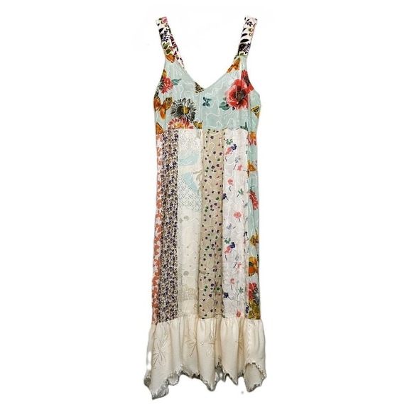 Blue Sky Dress Women's Medium Vintage Y2K Floral Patchwork Embroidered Boho - Picture 3 of 16